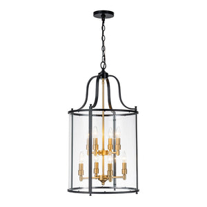 LightFixturesUSA - Farmhouse Wide Clear Glass Cylinder Cage Pendant - Chandelier - Black+Brass - 