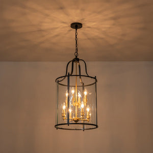LightFixturesUSA - Farmhouse Wide Clear Glass Cylinder Cage Pendant - Chandelier - Black+Brass - 