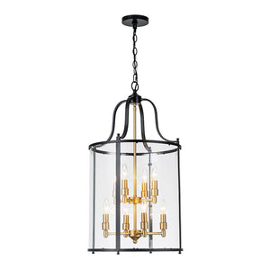 LightFixturesUSA - Farmhouse Wide Clear Glass Cylinder Cage Pendant - Chandelier - Black+Brass - 