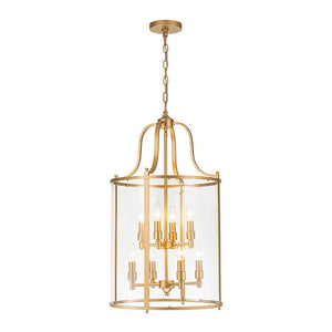 LightFixturesUSA - Farmhouse Wide Clear Glass Cylinder Cage Pendant - Chandelier - Brass - 