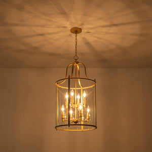 LightFixturesUSA - Farmhouse Wide Clear Glass Cylinder Cage Pendant - Chandelier - Brass - 