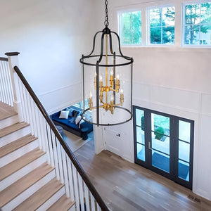 LightFixturesUSA - Farmhouse Wide Clear Glass Cylinder Cage Pendant - Chandelier - Brass - 