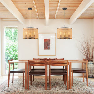 LightFixturesUSA - Farmhouse Wide Woven Rattan Drum Cage Pendant Light - Pendant Light - 15.7 in - 
