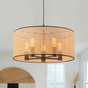 LightFixturesUSA - Farmhouse Wide Woven Rattan Drum Cage Pendant Light - Pendant Light - 15.7 in - 