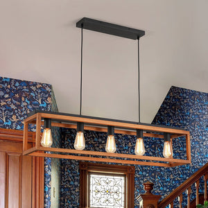 LightFixturesUSA - Farmhouse Wooden Rectangular Cage Island Chandelier - Chandelier - 5 - Lt - 