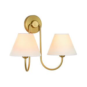 LightFixturesUSA - French 2 - Light White Linen Conical Vanity Wall Lamp - Wall Sconce - Brass - 