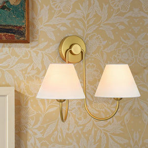 LightFixturesUSA - French 2 - Light White Linen Conical Vanity Wall Lamp - Wall Sconce - Brass - 