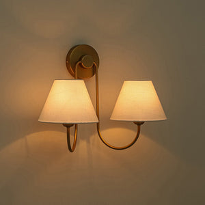 LightFixturesUSA - French 2 - Light White Linen Conical Vanity Wall Lamp - Wall Sconce - Brass - 