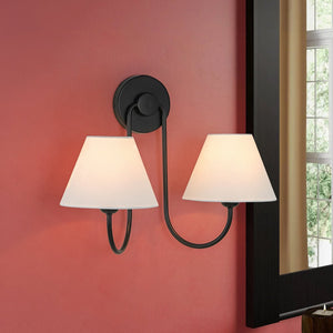 LightFixturesUSA - French 2 - Light White Linen Conical Vanity Wall Lamp - Wall Sconce - Brass - 