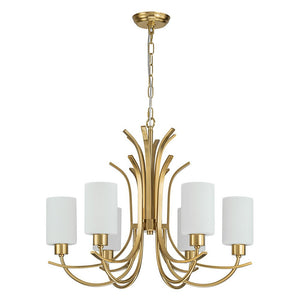 LightFixturesUSA-French 6-Light Frosted Glass Shade Scrolling Chandelier-Chandelier-Brass-