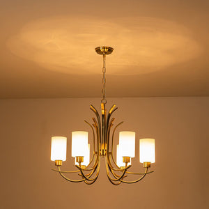 LightFixturesUSA-French 6-Light Frosted Glass Shade Scrolling Chandelier-Chandelier-Brass-