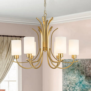 LightFixturesUSA-French 6-Light Frosted Glass Shade Scrolling Chandelier-Chandelier-Brass-