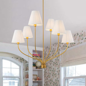 LightFixturesUSA-French 6-Light Tiered Fabric Cone Shade Candle Chandelier-Chandelier-Brass-
