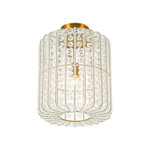 LightFixturesUSA-French Antique Brass Crystal Accented Lantern Semi Flush Mount-Ceiling Light-12.2 in-