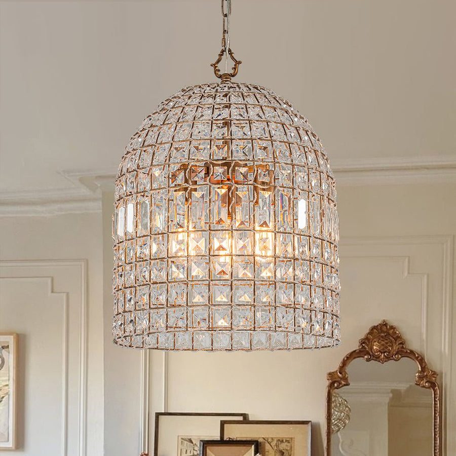 LightFixturesUSA-French Antique Brass Crystal Cage Chandelier-Chandelier-M/3-Lt-