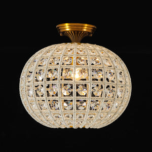 LightFixturesUSA-French Antique Brass Crystal Globe Cage Semi Flush Mount-Ceiling Light-Lattice Cage-