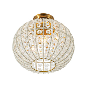 LightFixturesUSA-French Antique Brass Crystal Globe Cage Semi Flush Mount-Ceiling Light-Lattice Cage-