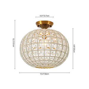 LightFixturesUSA-French Antique Brass Crystal Globe Cage Semi Flush Mount-Ceiling Light-Lattice Cage-
