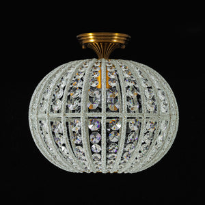 LightFixturesUSA-French Antique Brass Crystal Globe Cage Semi Flush Mount-Ceiling Light-Lattice Cage-