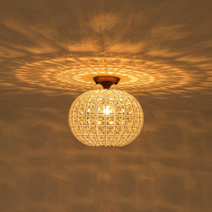 LightFixturesUSA-French Antique Brass Crystal Globe Cage Semi Flush Mount-Ceiling Light-Lattice Cage-