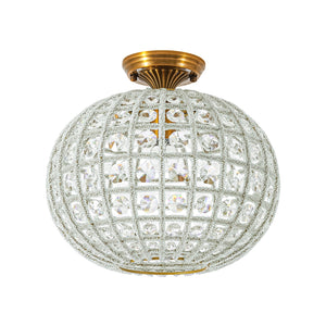 LightFixturesUSA-French Antique Brass Crystal Globe Cage Semi Flush Mount-Ceiling Light-Lattice Cage-