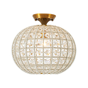 LightFixturesUSA-French Antique Brass Crystal Globe Cage Semi Flush Mount-Ceiling Light-Lattice Cage-