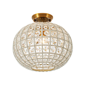 LightFixturesUSA-French Antique Brass Crystal Globe Cage Semi Flush Mount-Ceiling Light-Lattice Cage-