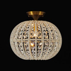 LightFixturesUSA-French Antique Brass Crystal Globe Cage Semi Flush Mount-Ceiling Light-Lattice Cage-