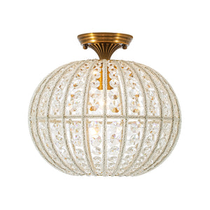LightFixturesUSA-French Antique Brass Crystal Globe Cage Semi Flush Mount-Ceiling Light-Lattice Cage-
