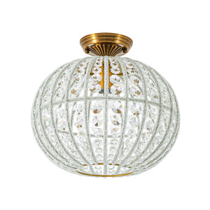 LightFixturesUSA-French Antique Brass Crystal Globe Cage Semi Flush Mount-Ceiling Light-Lattice Cage-