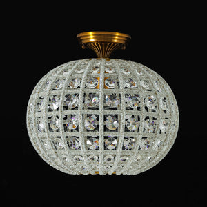 LightFixturesUSA-French Antique Brass Crystal Globe Cage Semi Flush Mount-Ceiling Light-Lattice Cage-