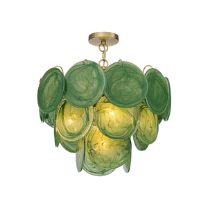 LightFixturesUSA-French Art Deco Brass Green Swirl Glass Round Tiered Chandelier-Chandelier-21 in-