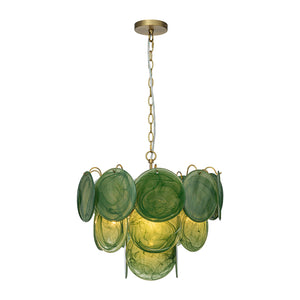 LightFixturesUSA-French Art Deco Brass Green Swirl Glass Round Tiered Chandelier-Chandelier-21 in-