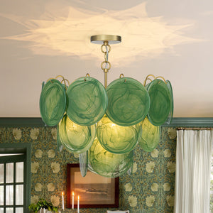 LightFixturesUSA-French Art Deco Brass Green Swirl Glass Round Tiered Chandelier-Chandelier-21 in-
