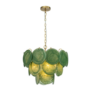 LightFixturesUSA-French Art Deco Brass Green Swirl Glass Round Tiered Chandelier-Chandelier-21 in-