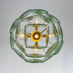 LightFixturesUSA-French Art Deco Brass Green Swirl Glass Round Tiered Chandelier-Chandelier-21 in-
