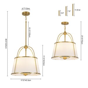 LightFixturesUSA-French Brass Large White Fabric Drum Lantern Chandelier-Chandelier-22.8 in-
