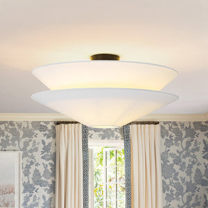 LightFixturesUSA-French Country 2-Tier White Linen Conical Semi Flush Mount-Ceiling Light-23.6 in-