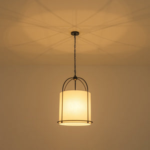 LightFixturesUSA-French Country 3-Light Round White Fabric Drum Lantern Pendant-Chandelier-18 in-