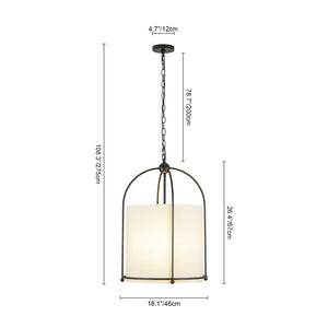 LightFixturesUSA-French Country 3-Light Round White Fabric Drum Lantern Pendant-Chandelier-18 in-