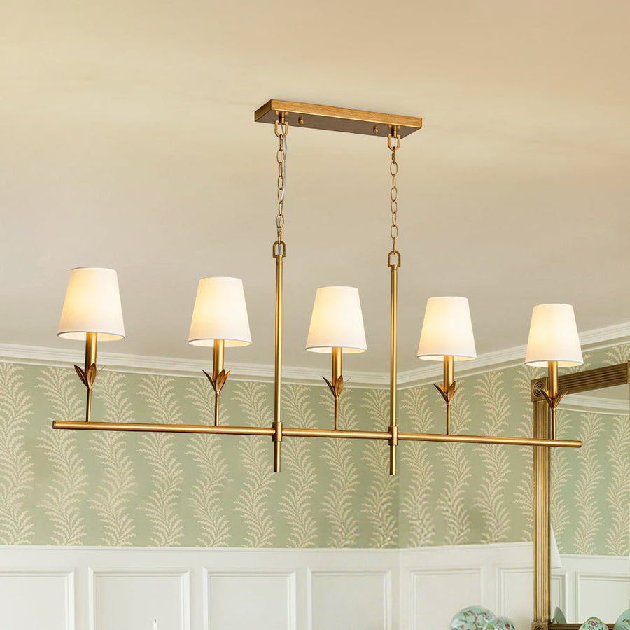 LightFixturesUSA - French Country 5 - Light Fabric Shade Candle Linear Island Chandelier - Chandelier - Brass - 