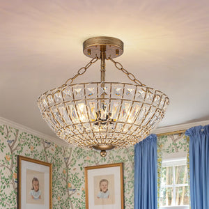 LightFixturesUSA-French Country Antique Round Crystal Cage Semi Flush Mount-Chandelier-15.7 in-