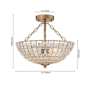 LightFixturesUSA-French Country Antique Round Crystal Cage Semi Flush Mount-Chandelier-15.7 in-