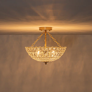 LightFixturesUSA-French Country Antique Round Crystal Cage Semi Flush Mount-Chandelier-15.7 in-