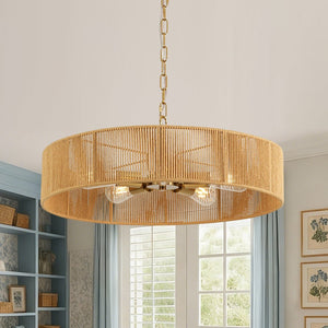 LightFixturesUSA - French Country Brown Woven Rope Wide Drum Semi Flush Chandelier - Chandelier - 23.6 in - 