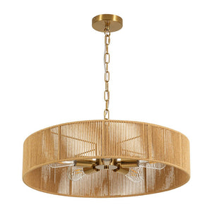 LightFixturesUSA - French Country Brown Woven Rope Wide Drum Semi Flush Chandelier - Chandelier - 23.6 in - 