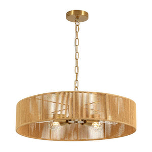 LightFixturesUSA - French Country Brown Woven Rope Wide Drum Semi Flush Chandelier - Chandelier - 23.6 in - 