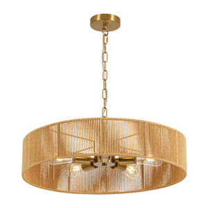 LightFixturesUSA - French Country Brown Woven Rope Wide Drum Semi Flush Chandelier - Chandelier - 23.6 in - 