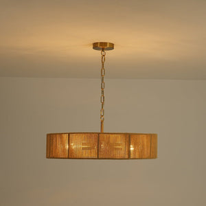 LightFixturesUSA - French Country Brown Woven Rope Wide Drum Semi Flush Chandelier - Chandelier - 23.6 in - 