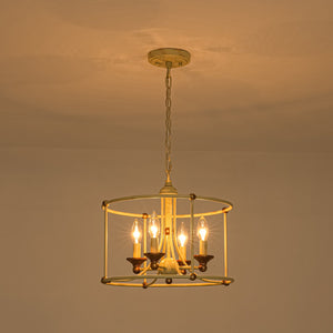 LightFixturesUSA-French Country Distressed Beige Metal Drum Candle Cage Pendant-Chandelier-15.7 in-